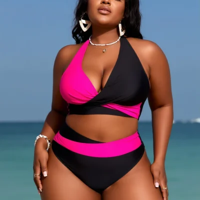 Plus Size Black Hot Pink Bikini Set